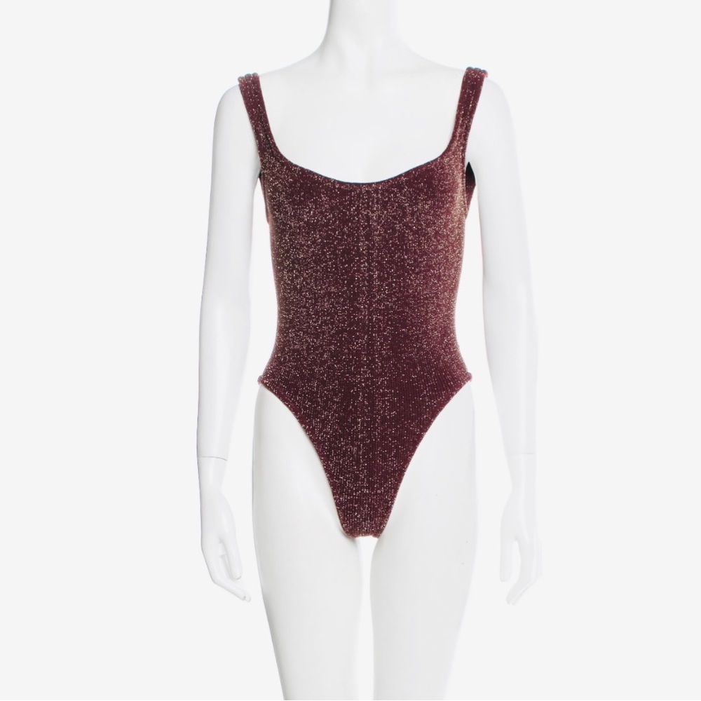 HUNZA G burgundy metallic lurex square neck, deep low back swimsuit ONESIZE